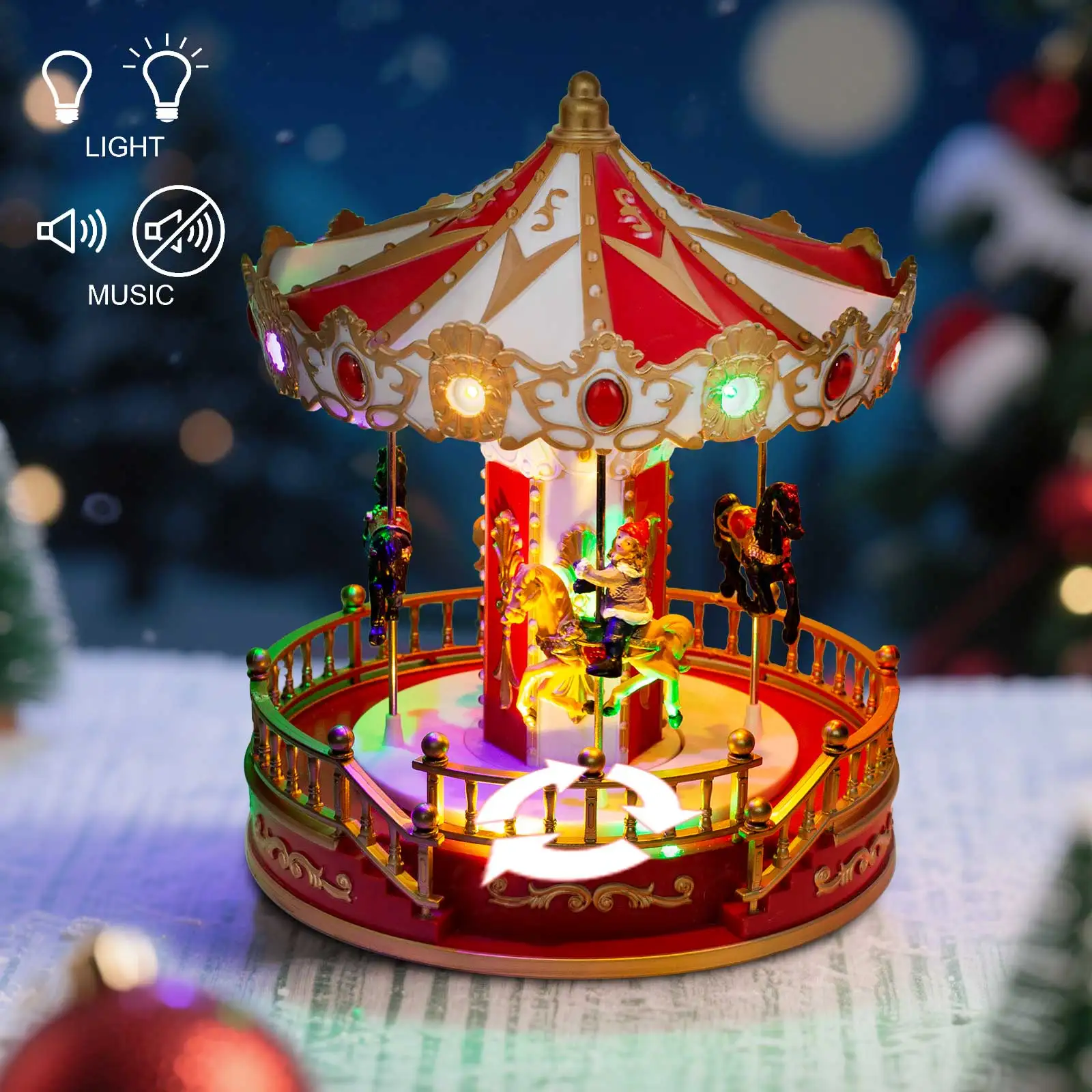 Carrusel de Navidad animado con luz LED Musical, colección de decoración de mesa interior, accesorio de pueblo para exhibición de vacaciones en el hogar