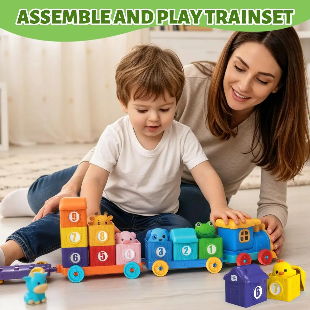 Montessori Toy Farm Train Set for Toddlers Farm Animals Finger Puppets Color Matching Game Stacking Blocks Gifts for Ages 1-3 view 2