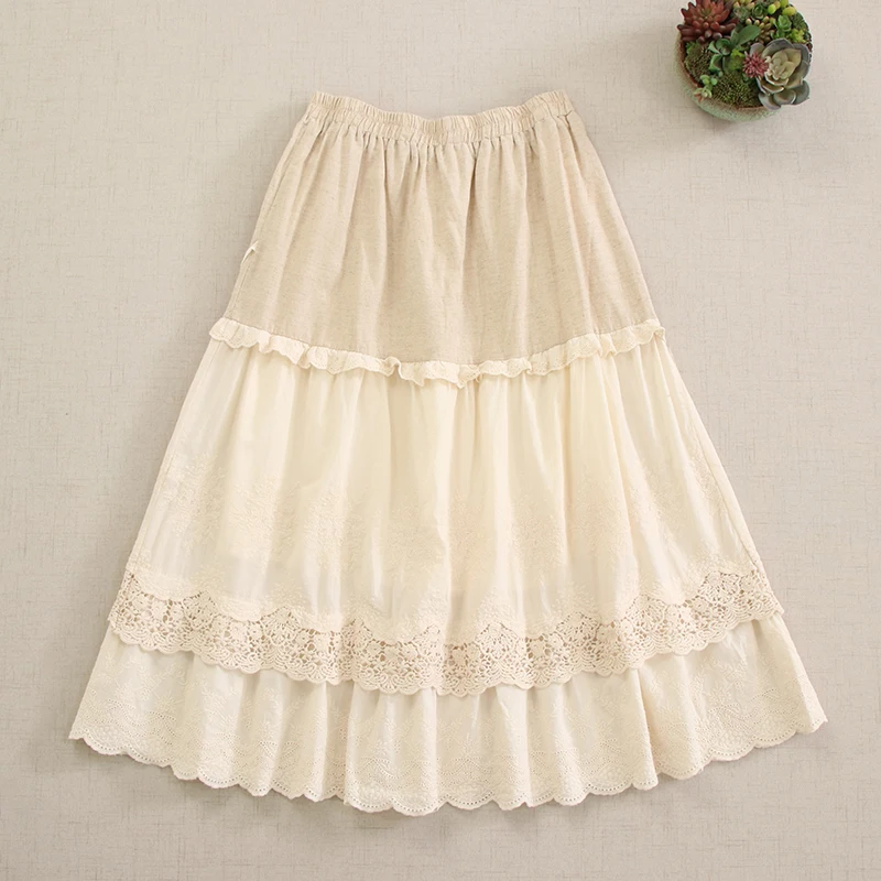 Japanese Sweet Lolita Mori Girl Hollow Out Embroidery Bandage Patchwork Skirts Women Spring Casual Loose A-Line Cotton Skirts