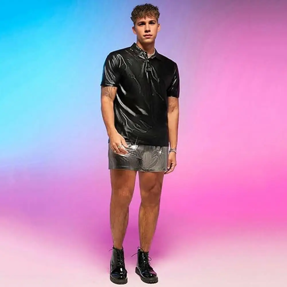 1Pc Men Summer Casual Shorts Elastic Drawstring Waist Pockets Shorts Hip-Hop Style Glossy Surface Loose Fit Shorts Streetwear