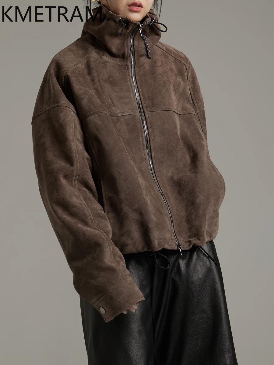 KMETRAM 100% Natural Sheepskin Reverse Suede Genuine Leather Jacket Old Money Aesthetic Short Women Clothing 2025 Autumn пальто
