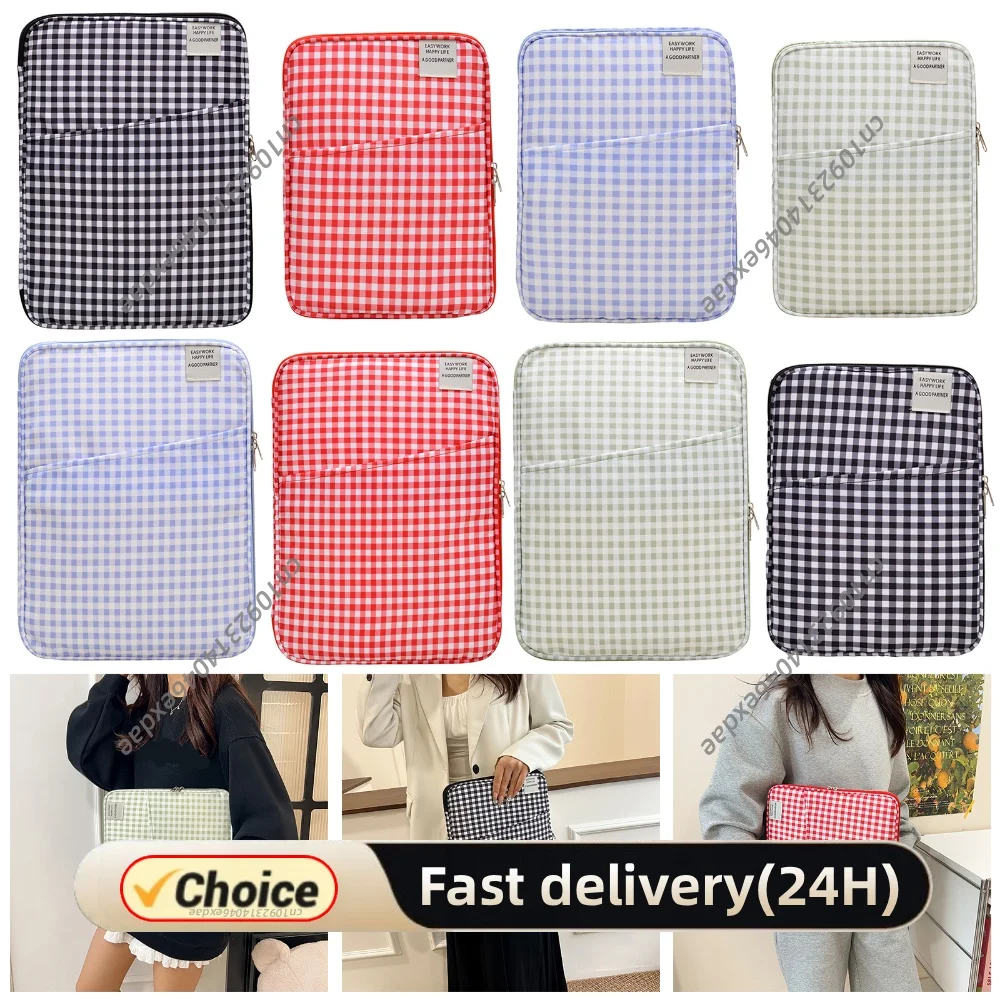 Plaid Pattern Laptop Sleeve 14 Inch Nylon Notebook Tablet Bag Portable Computer Inner Case with Accessory Pockets for Travel