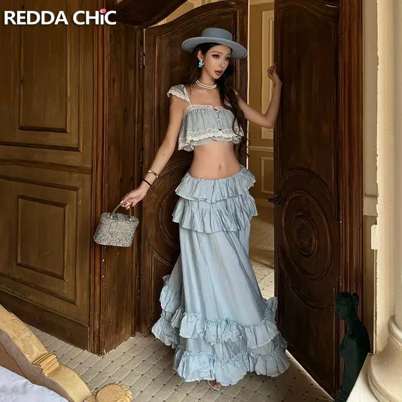 REDDACHiC Fly Sleeve Cami Skirt Women Matching Set Summer Elastic Waist Maxi Cake Skirt Button Down Crop Top Fairycore Clothes