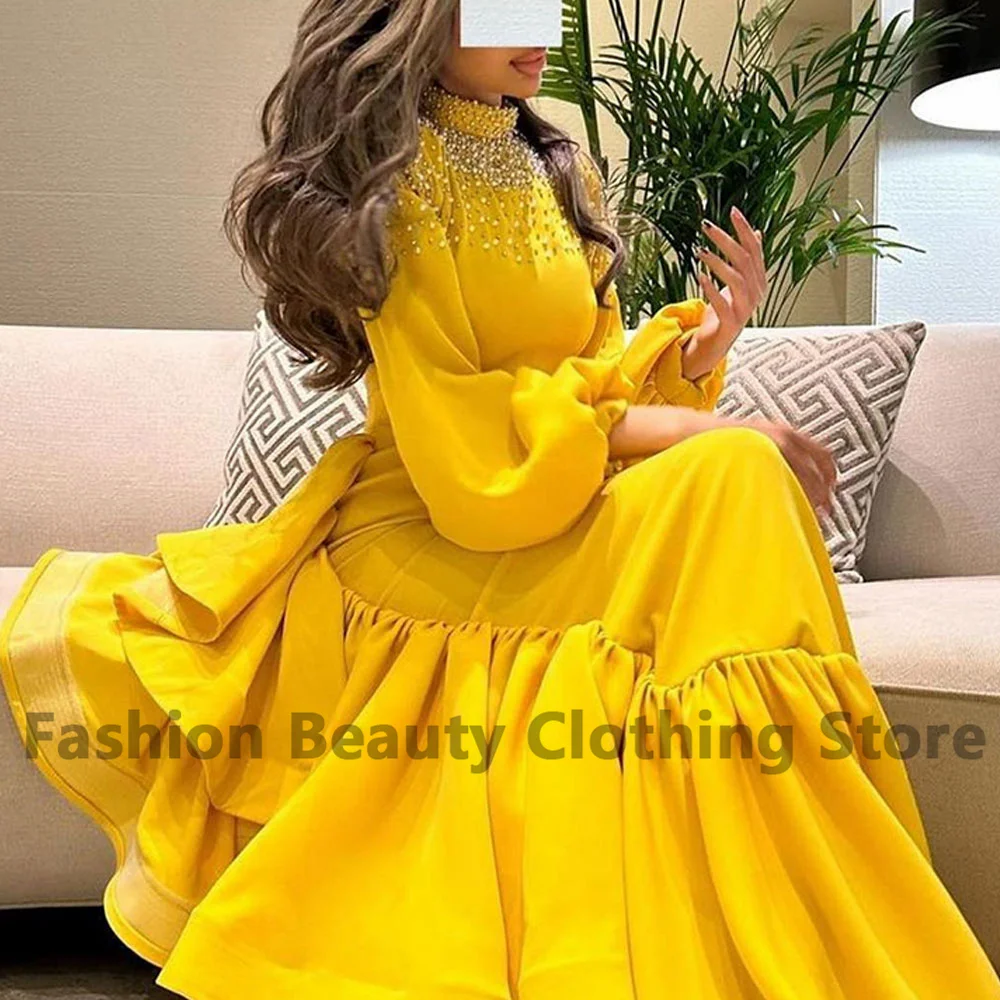 Classic Satin Celebrity Dress Long Sleeve With Beaded Ruffled High Neck Saudi Arabian Women\'s Mermaid Brush Train Evening Gown