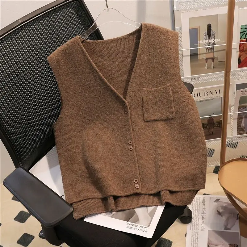 Women\'s Clothing Spring Autumn Sleeveless Button Cardigan Pockets Sweater Knitted Vest Casual Coats Fashion Screw Thread Tops