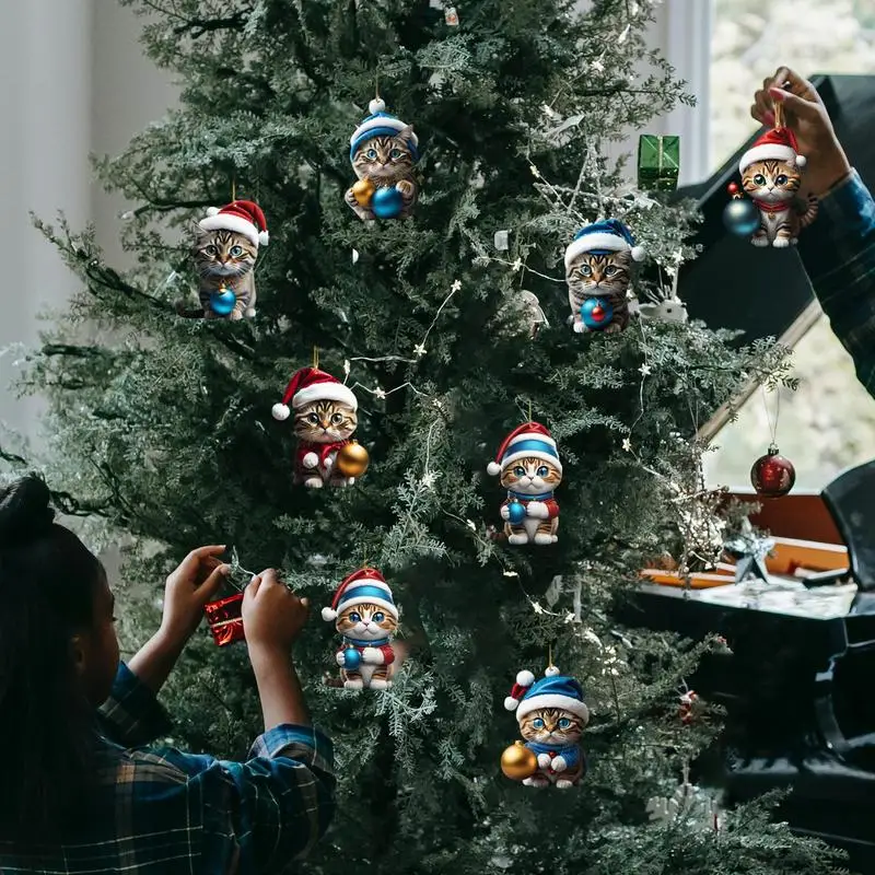 Cartoon Cute Cat Christmas Tree Pendants 2D Acrylic Hanging Ornaments Home Party Christmas Decoration 2024 New Year Gift