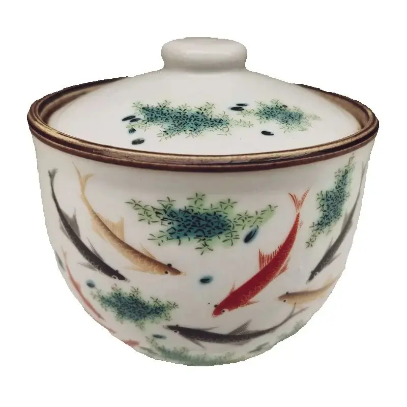 China Old Porcelain Covered Bowl Storage Jar Pastel Fish Pattern Antique Asian Decorative Kitchenware