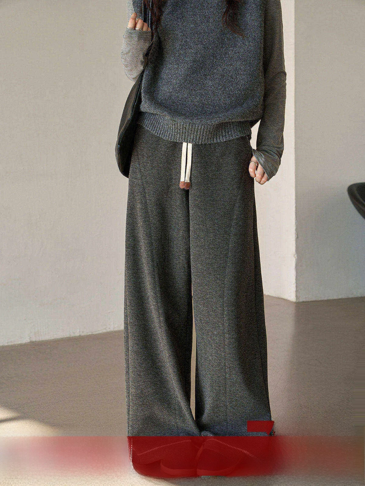 

MoZao Deep Grey Elastic High Waist Loose Casual Pants Women's Spring 2026 New Lazy Straight Leg Wide Leg Long Trousers