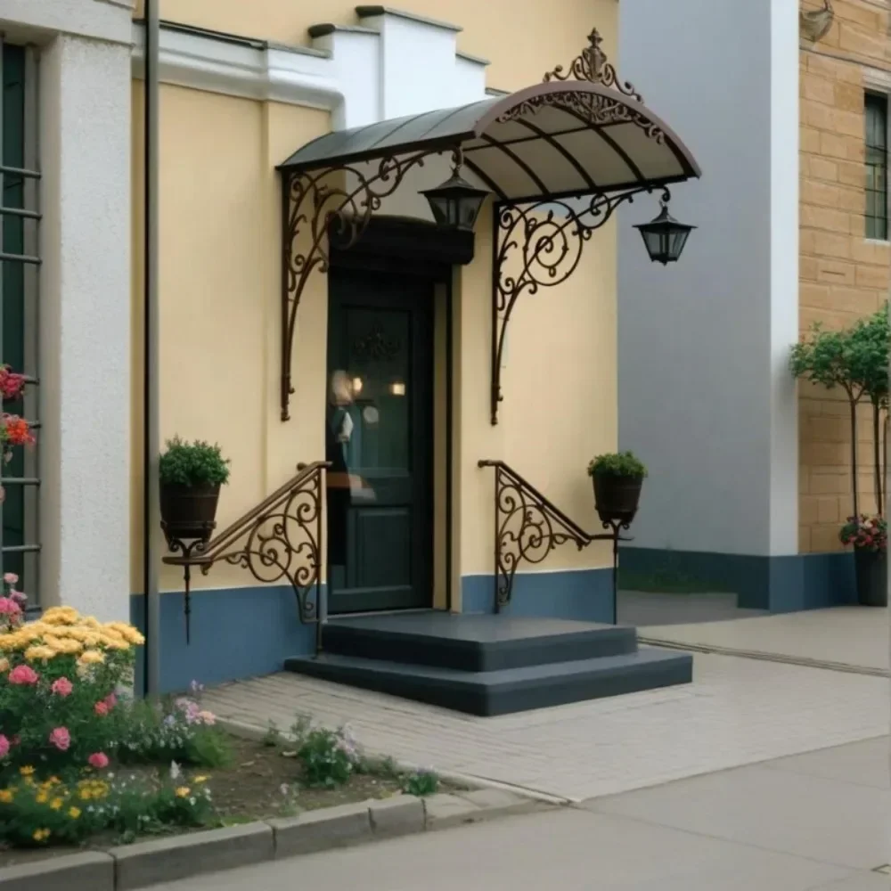 fgyEuropean-style Retro Villa Courtyard Home Awning Multi-functional Wrought Iron Forged Glass Canopy Canopy Metal