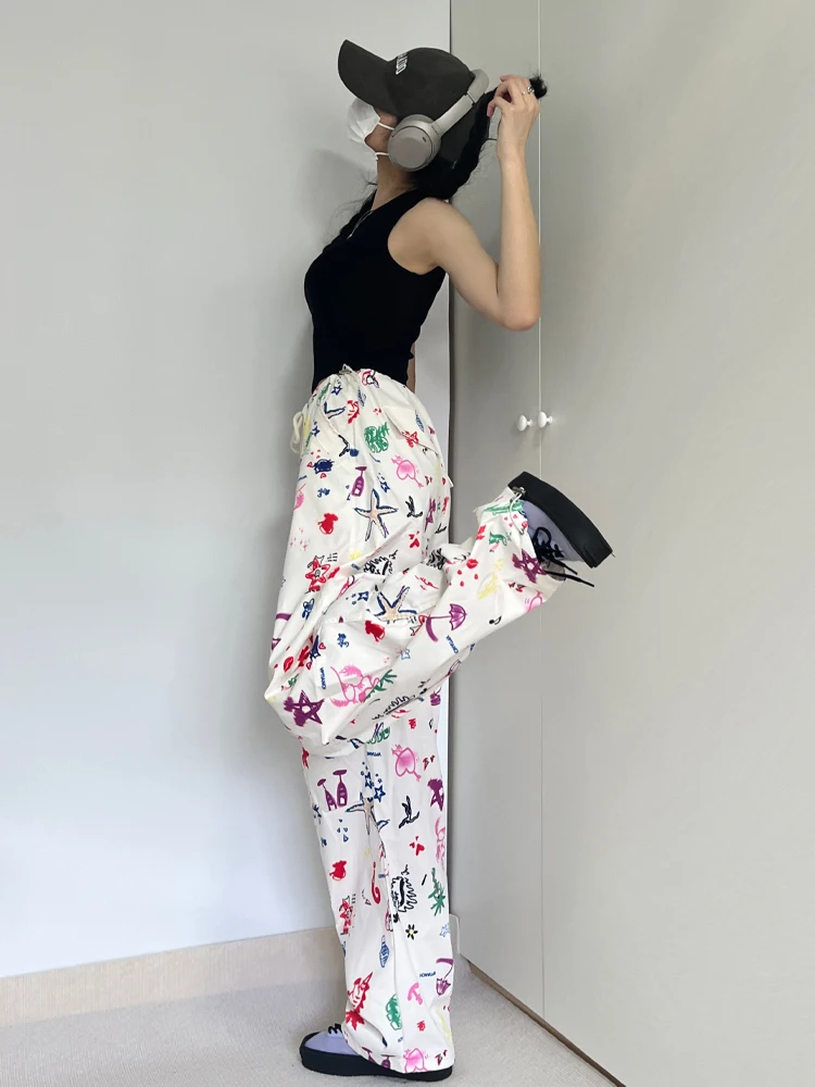 

Street Sle Low Waist Wide Leg Pants Dstring Hand Painted ket Paper Bag Pants Casual Long Trousers for Trendy Girls