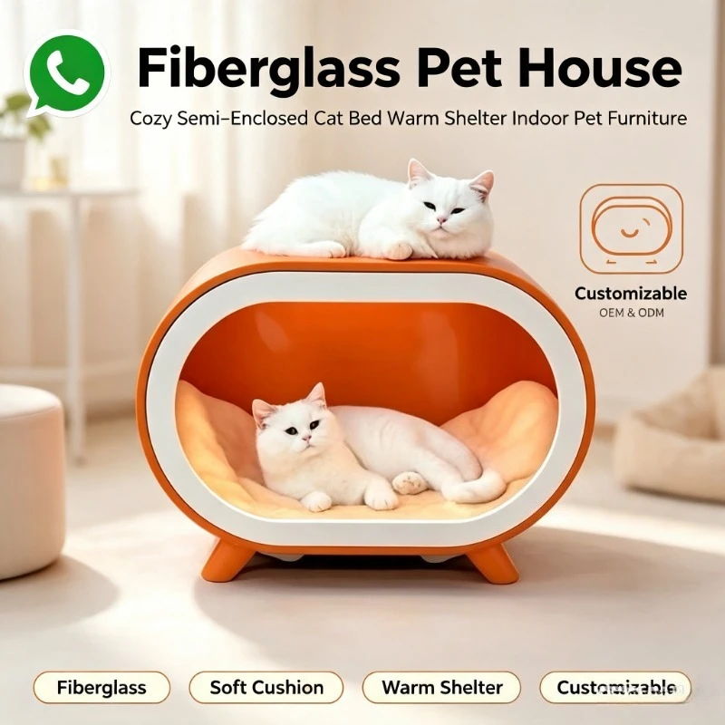 Human‑Cat Shared Cat House Nightstand, Fiberglass Semi‑Enclosed Warm All‑Season Pet Cave Side Table for Indoor Cats