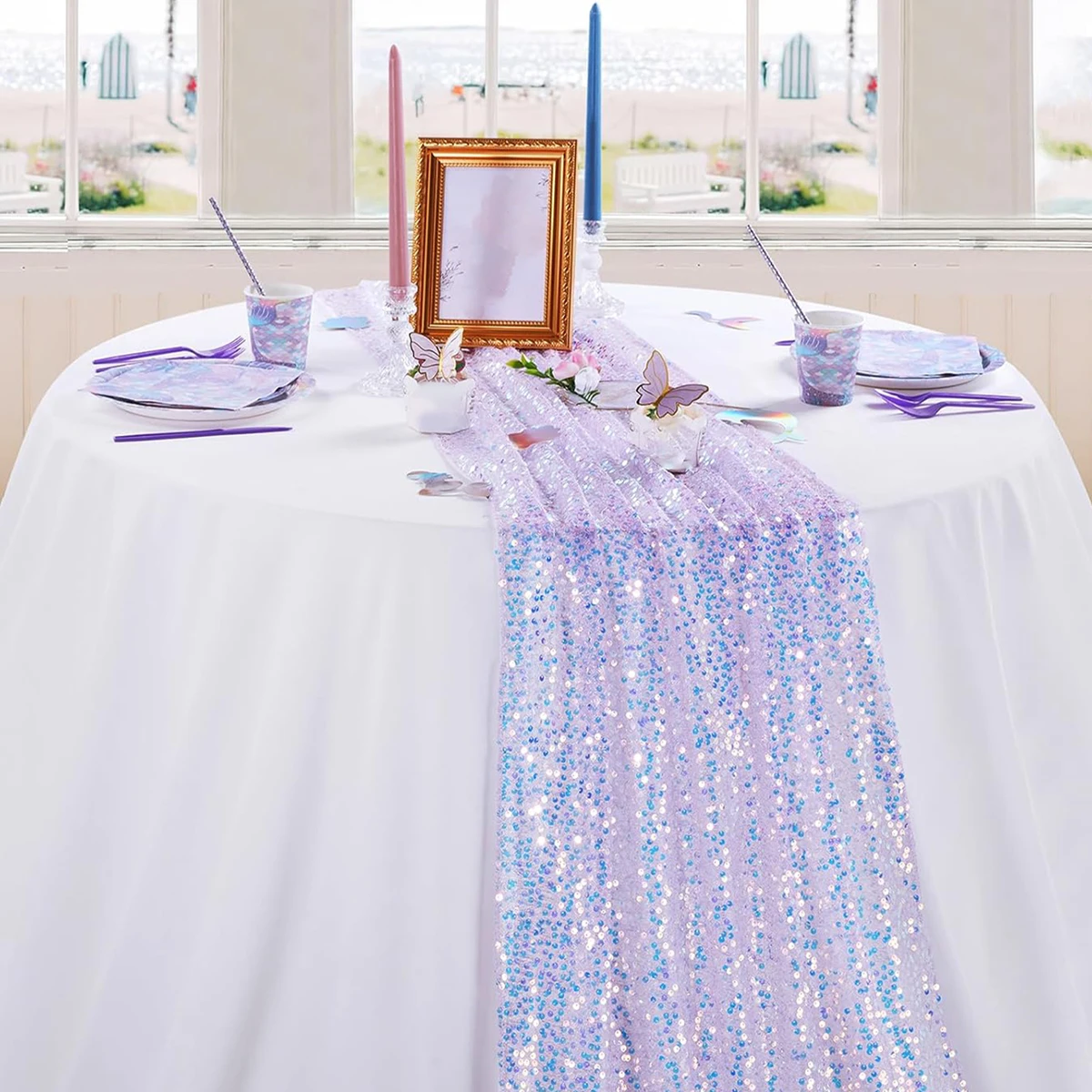 Mermaid Sequin Mesh Table Runner Happy 1st Birthday Party Decorations Kids Girls Favors Tablecloth Wedding Baby Shower Supplies