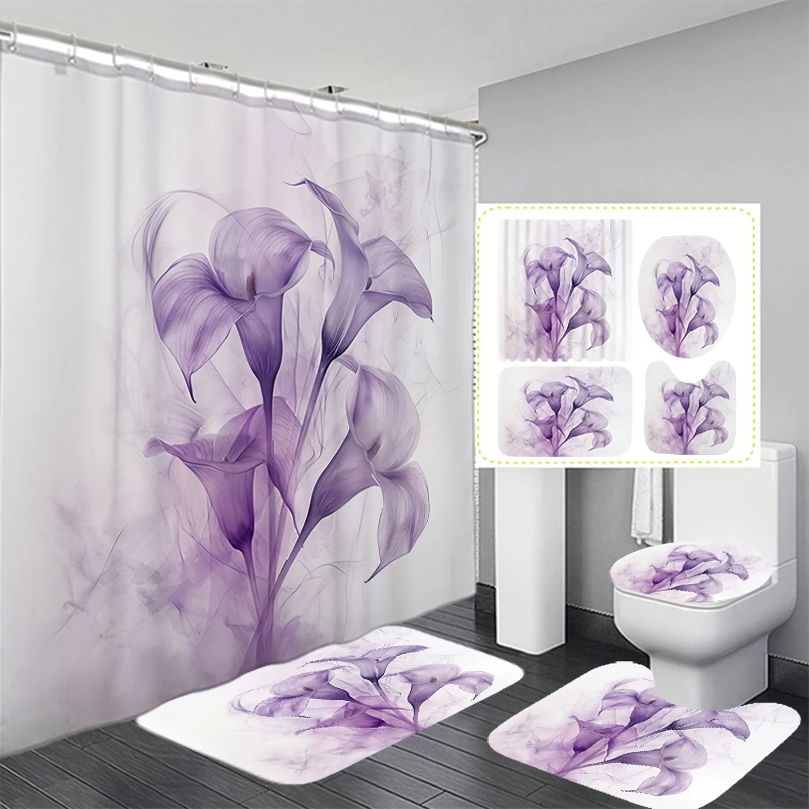 

4 pieces purple flower original style, shower curtain, non-slip mat, toilet seat and U-shaped mat