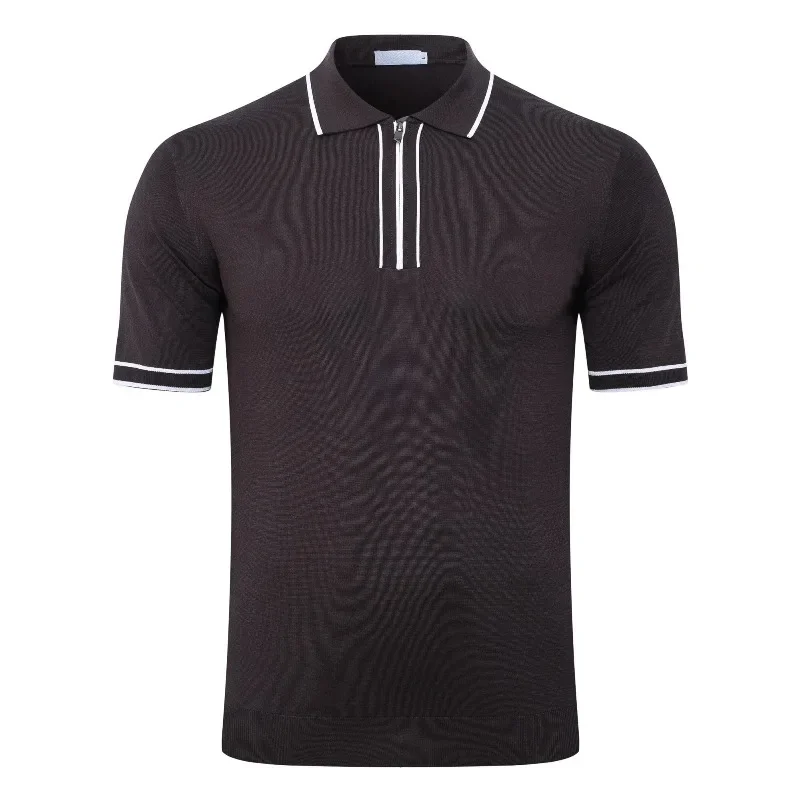 2026 New Men Thin Silk Polo Shirts Elastic Zipper Embroidery Business Comfort Short Sleeve Fashion Tees Sizes M-4XL