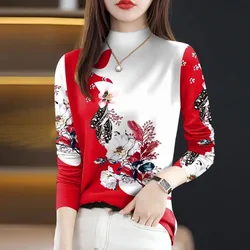High-grade Lady Fashion Large Size 4XL Tops Middle Aged Mother Printing T-shirt Spring Autumn Female New Half High Collar Tshirt