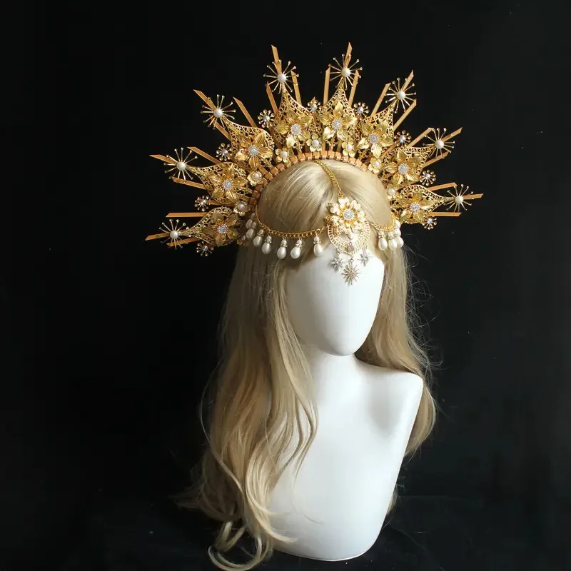 Gold Starburst Halo Crown Headpiece – Angel Goddess Headdress for Festival, Cosplay, Wedding & Photoshoot