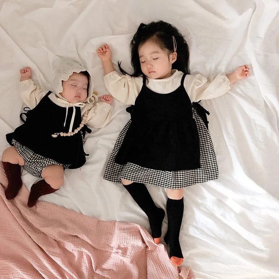 Korean Version Spring and Autumn 1-5 Years Old Sisters Suit Long Sleeve Plaid Dress+suspender Vest Two-piece Baby Jumpsuit