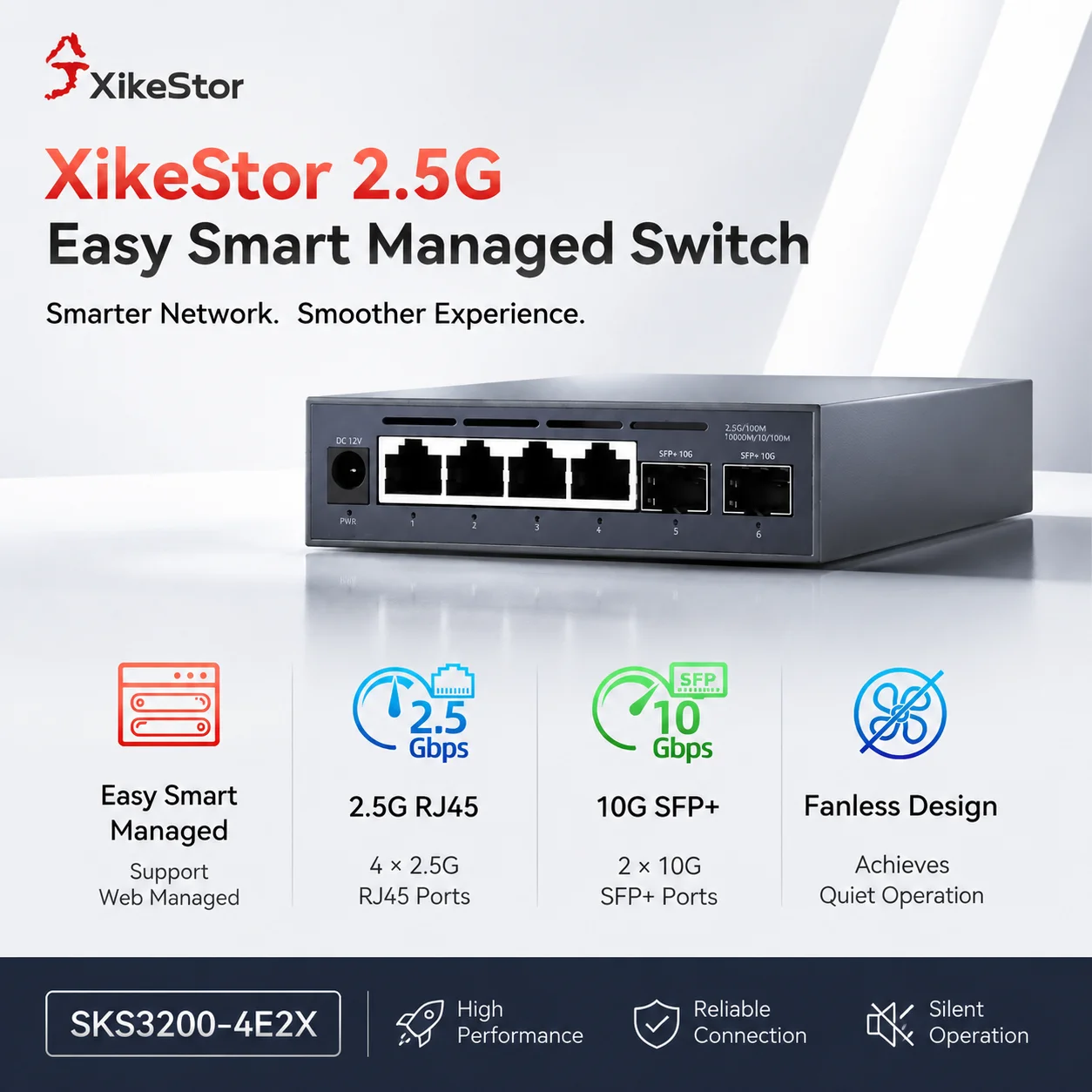 xikestor-sks3200-4e2x-6-ports-simple-managed-switch-4-port-25g-rj45-2-port-10g-sfp-ethernet-switch-fanless-plug-and-play