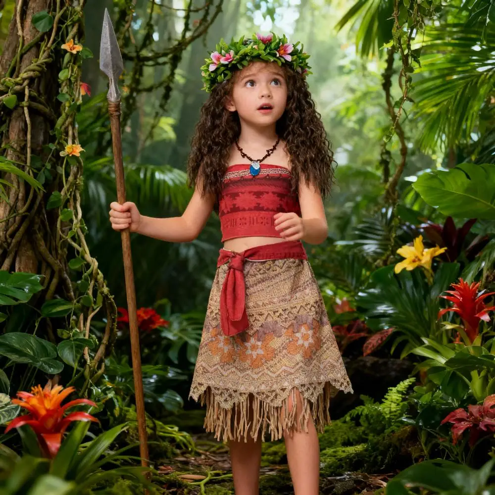 2025 Summer Moana Girl Cosplay Party Dress Children Princess Carnival Christmas Dress With Wig Necklace Wreath Pig Chicken Doll