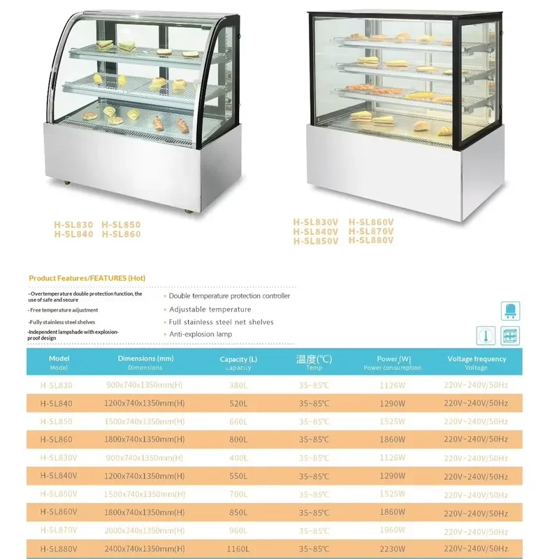 LED Light Square Stainless Steel Heating Cabinet Thermal Insulation Glass Display for Biscuits Burger Bread Egg Tart Warmer
