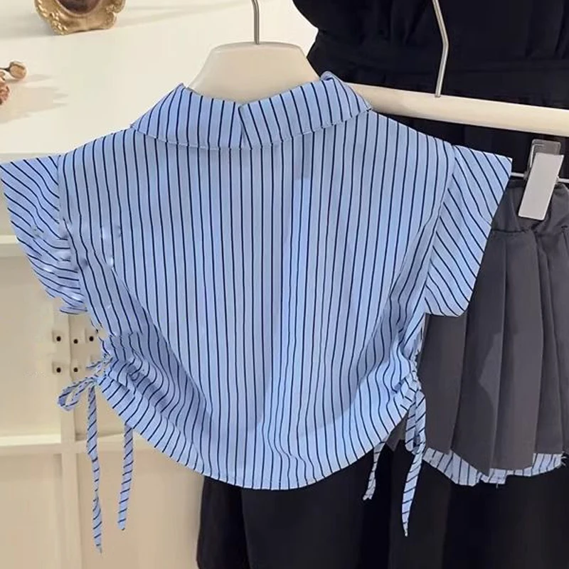 Children's Clothing Suit Summer Girl Campus Fashionable Stripe Flying Sleeve Shirt Top+ Irregular Short Skirt School Uniform