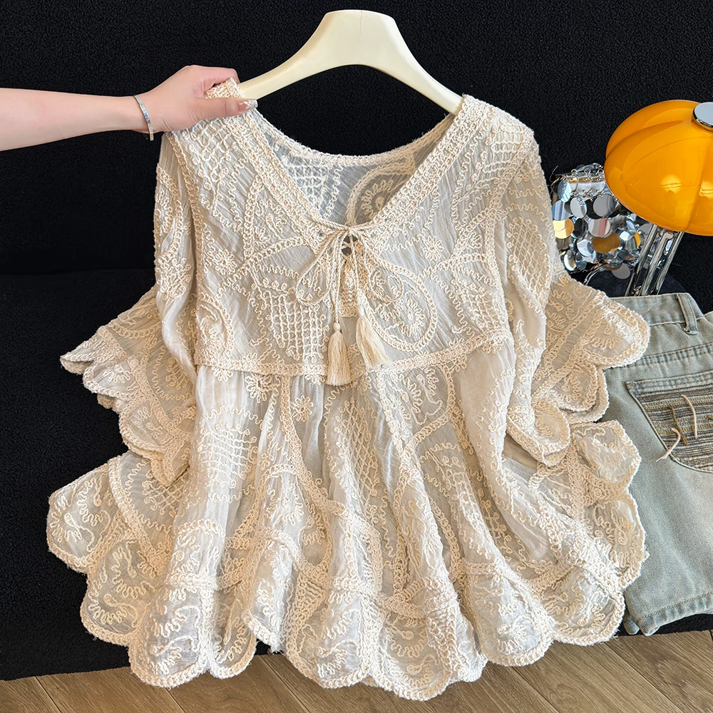 

Bohemian Heavy Embroidery Shirt Women's V-neck Hook Flower Sun Protection Thin Transparent Loose Fit Spring Summer Top