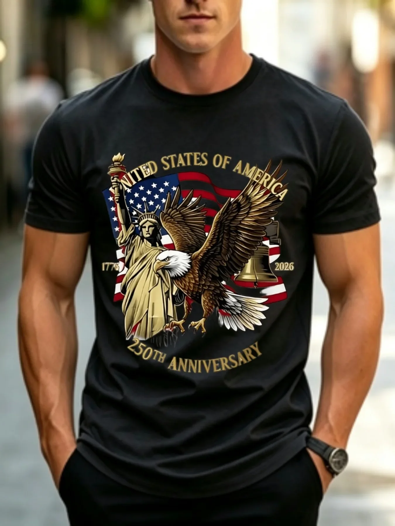Summer Men's 100_ Cotton Short-sleeve t-shirt Independence Day 1776 2026 Bald Eagle American Flag and Statue of Liberty