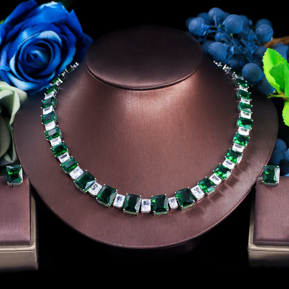 ThreeGraces 2pcs Luxury Square Cubic Zirconia Dark Green Stud Earrings and Necklace Bridal Wedding Jewelry Set for Women TZ993