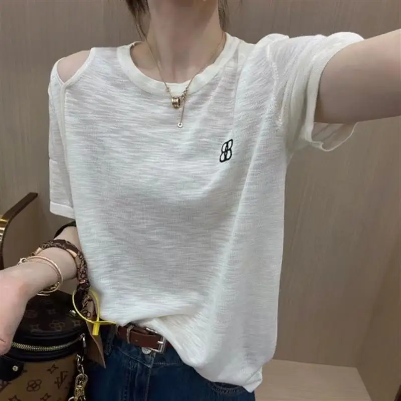 Women Summer Simplicity Loose Hollow Out Cotton O-neck Short Sleeve T-Shirt Women Clothes Casual All-match Appear Thin Top Tee