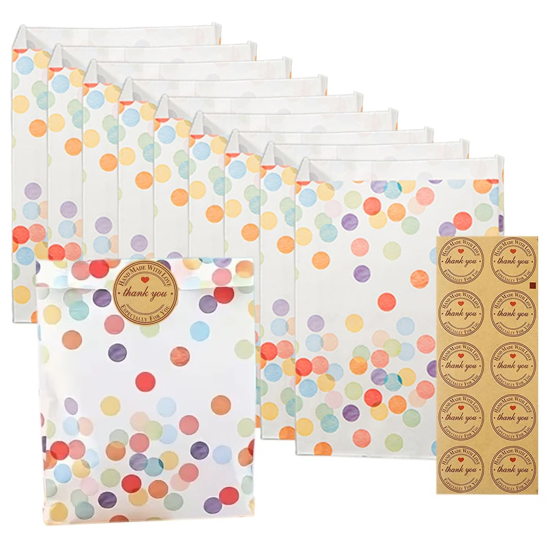 Polka Dot Greaseproof Bags with Round Thank You Stickers – Oil Resistant Treat Pouches for Cookies Bakery Candy Party Favors TMZ
