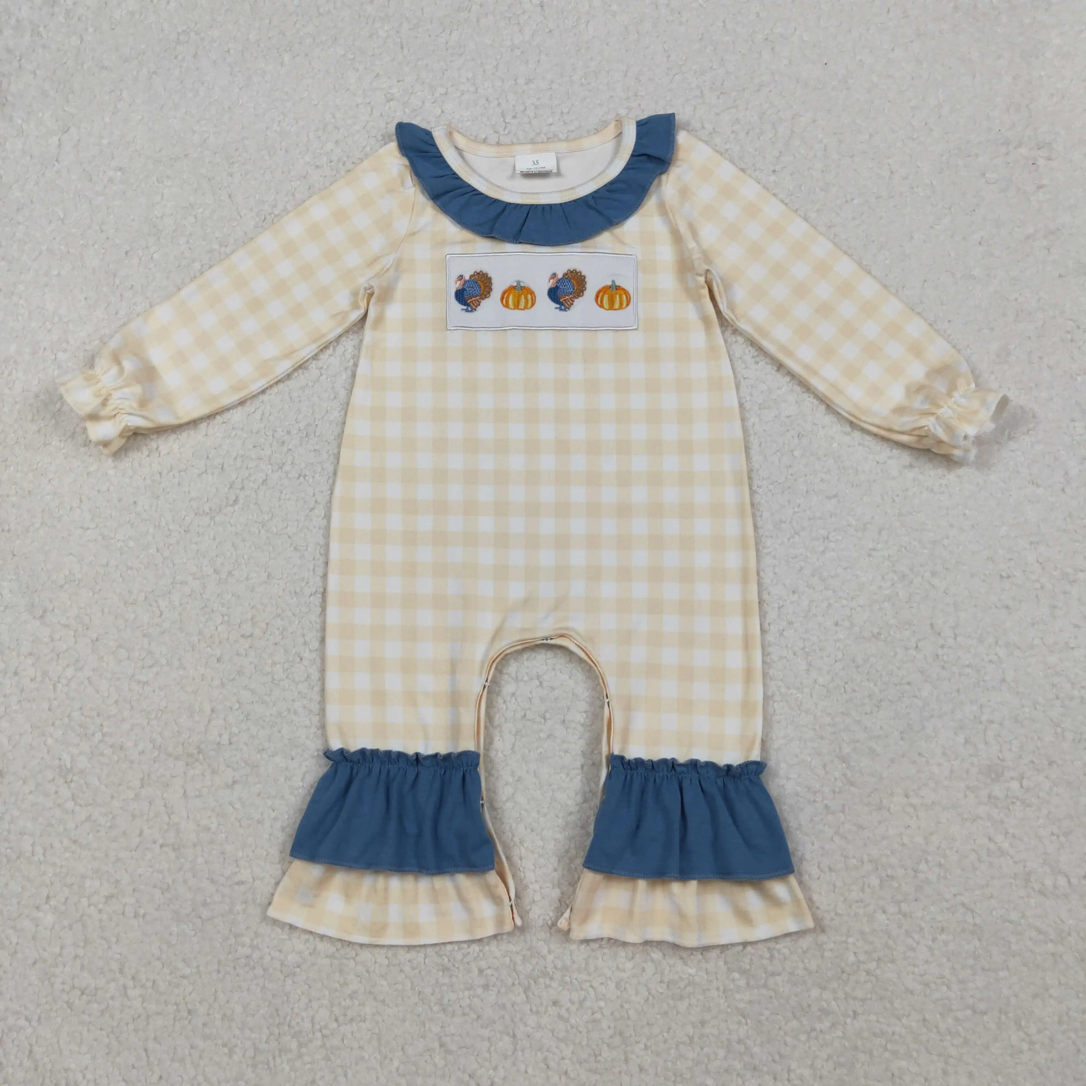 

X10.16 Wholesale boutique baby girls romper embroidered turkey stripes blue lace beige long sleeve onesie