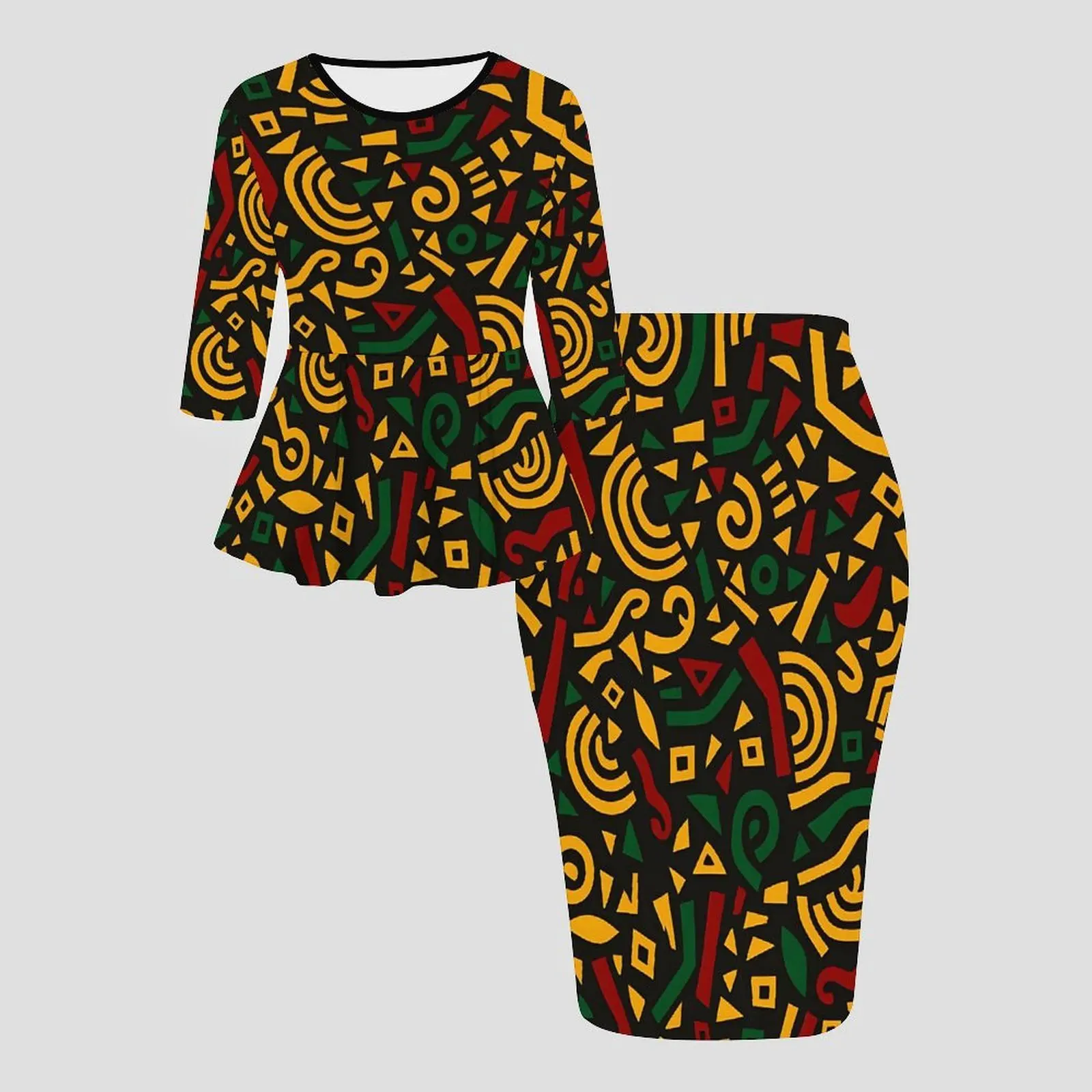 Autumnand Winter Crew Neckthree-quarter Sleeve  Ladies Tight-fitting Knee-length SkirtRetro Elegant Printed Party Two-piece Set