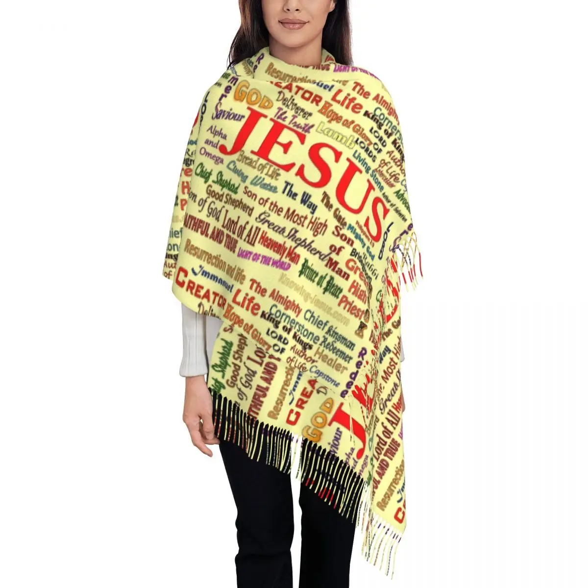 

Female Scarf Warm Soft Jesus Biblical References Headwear Scarves with Long Tassel Luxury Shawls Wrpas Winter Custom Bufanda