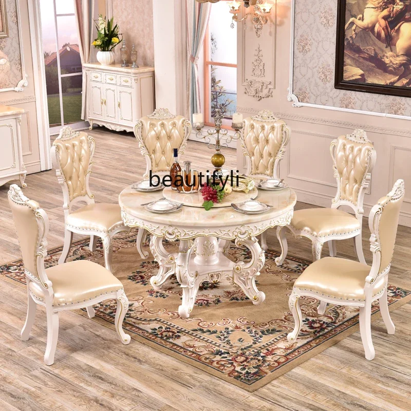 

B03 European marble dining table, American luxury restaurant solid wood carving flower belt turntable household, round table