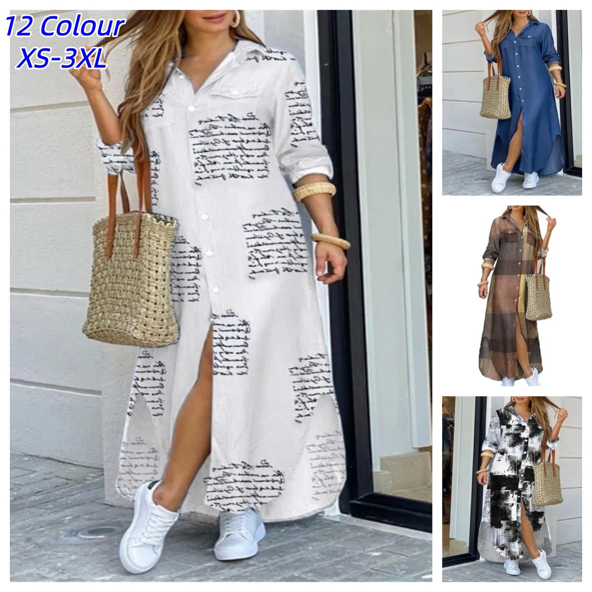 Women Dresses Fashion Sexy Single-breasted Dress Loose Lapel Casual Women's Clothing Literary Printing Long Shirt Skirt
