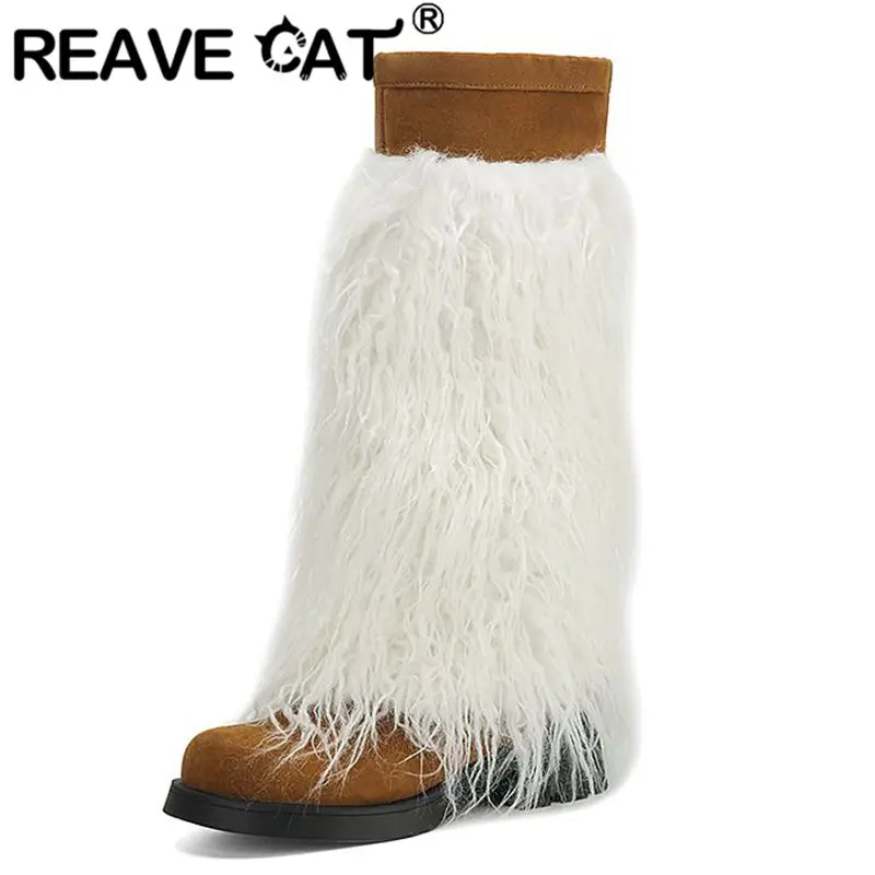 REAVE CAT 2024 New Fashion Winter Knee High Boots Round Toe Block Heels 4.5cm Mixed Color Plus Size 41 42 43 Warm Winter Booties