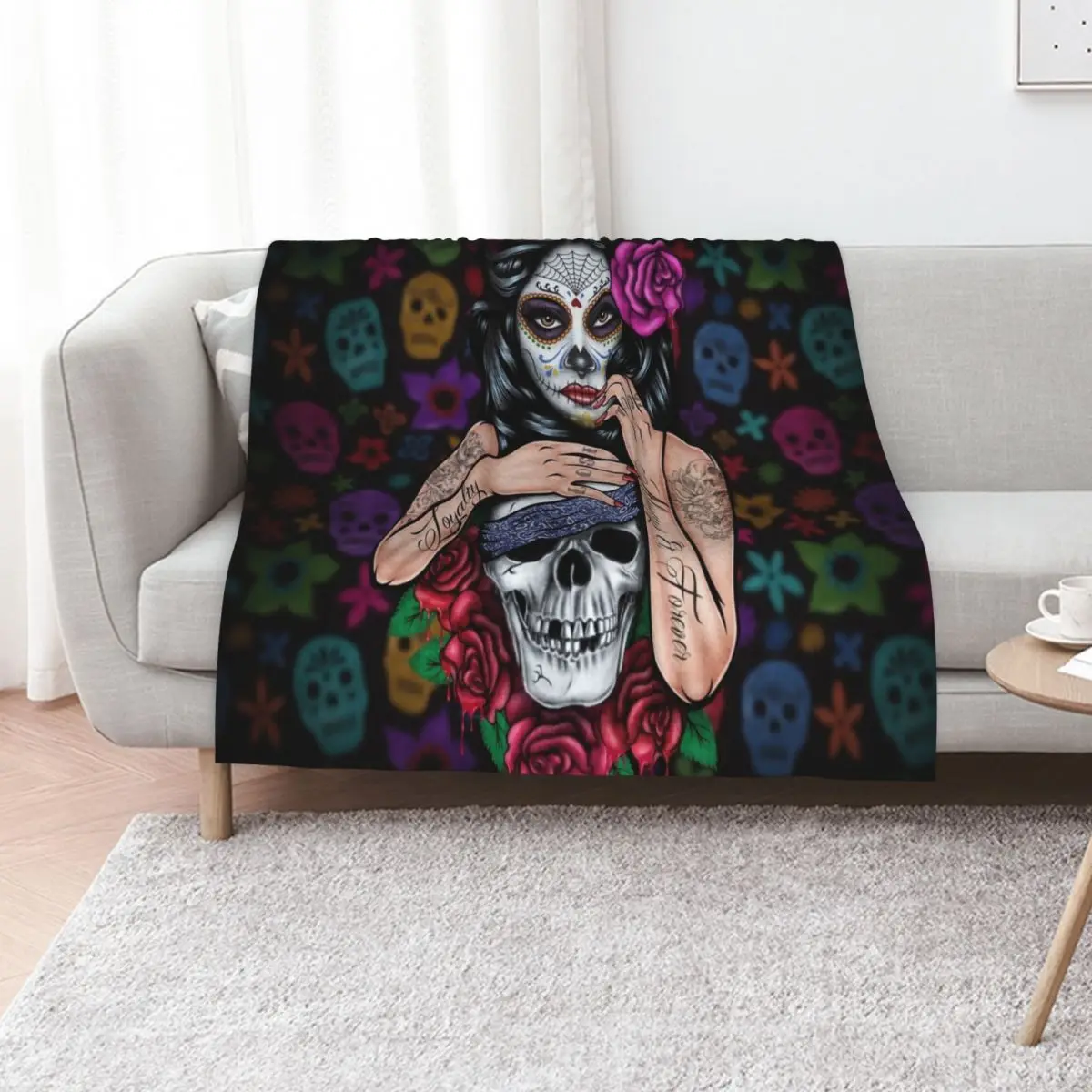 

sugar skull floral Tattoo girl day of the dead Throw Blanket Custom funny gift Sofa Blankets