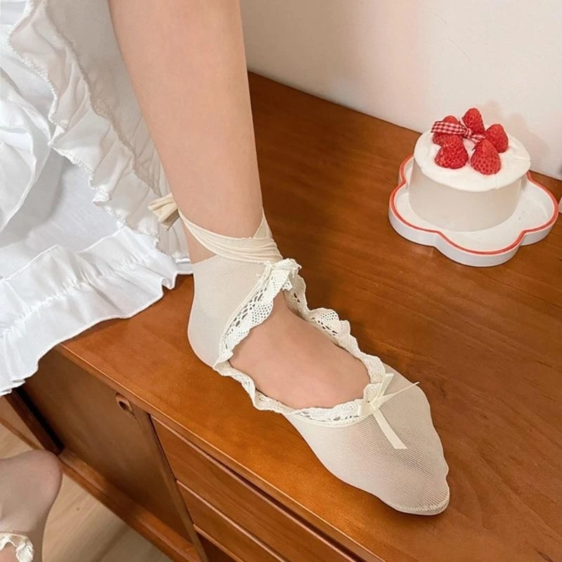 

Женские короткие носки с кружевной отделкой, тонкие нескользящие носки для балета и танцев на шнуровке, 15UB