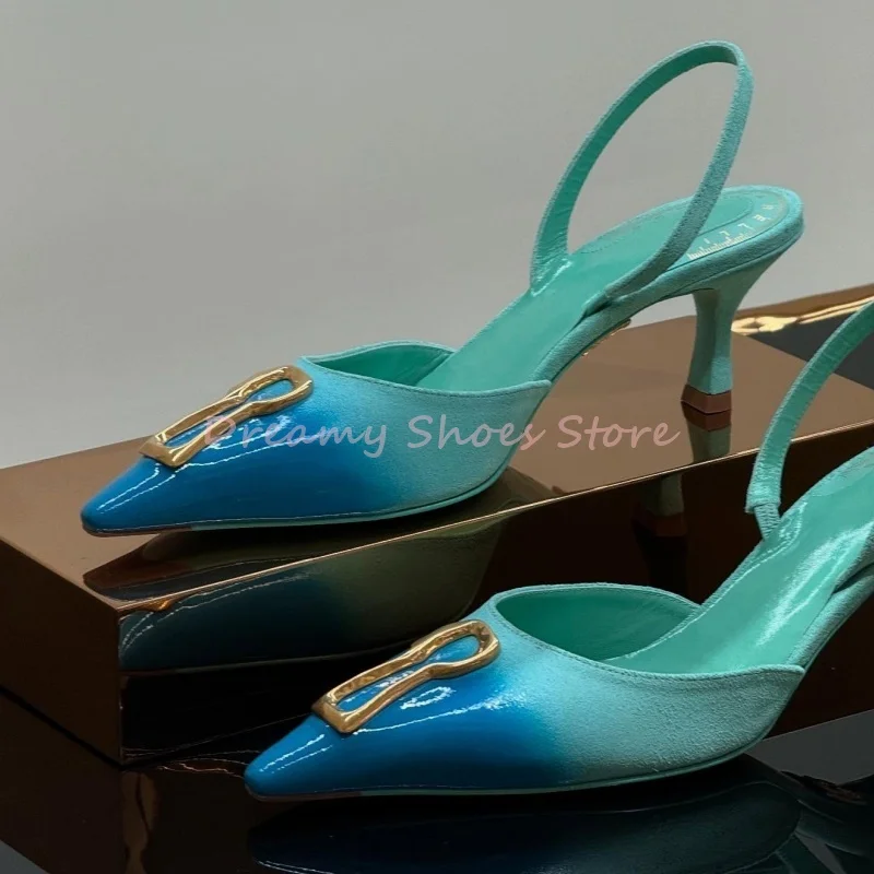 الأزرق مختلط الألوان ديكور معدني عالية الكعب النساء المفاتيح Slingback خنجر الصنادل مثير موضة الجوف حزام الظهر أحذية الحفلات