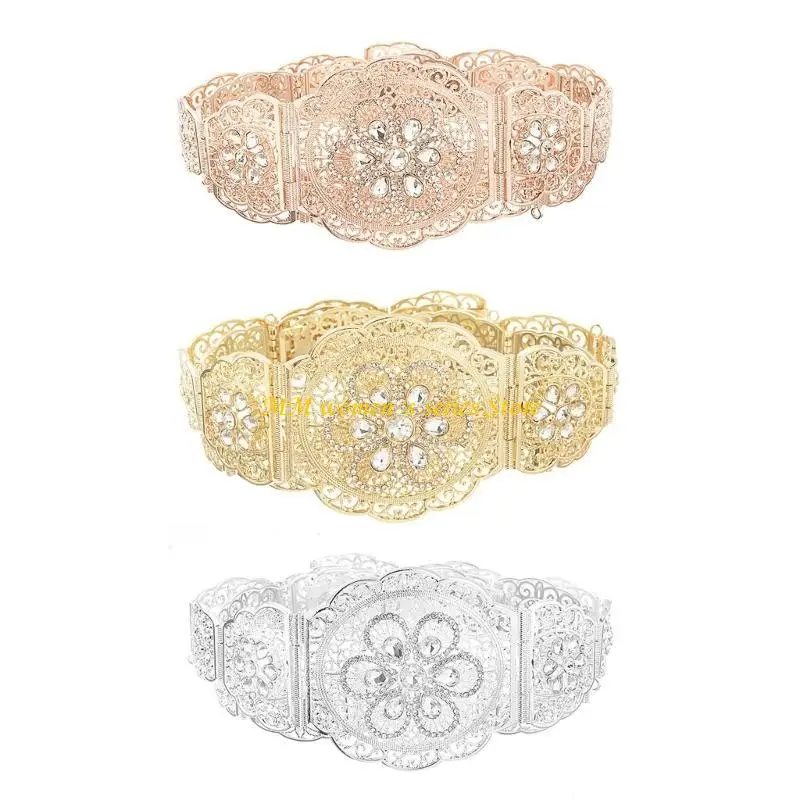 q39cエレガントなラインストーンウエストベルトフラワーパターンウエストバンドホローラウンドベルト