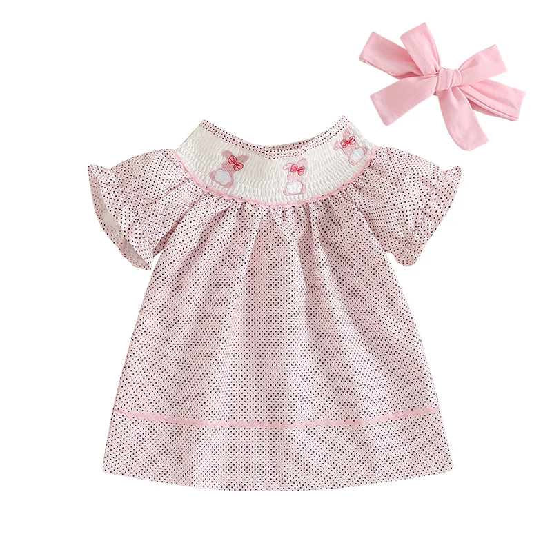 Little Girls Easter Princess Dress Short Sleeve Bunny Embroidery A-line Dresses with Headband