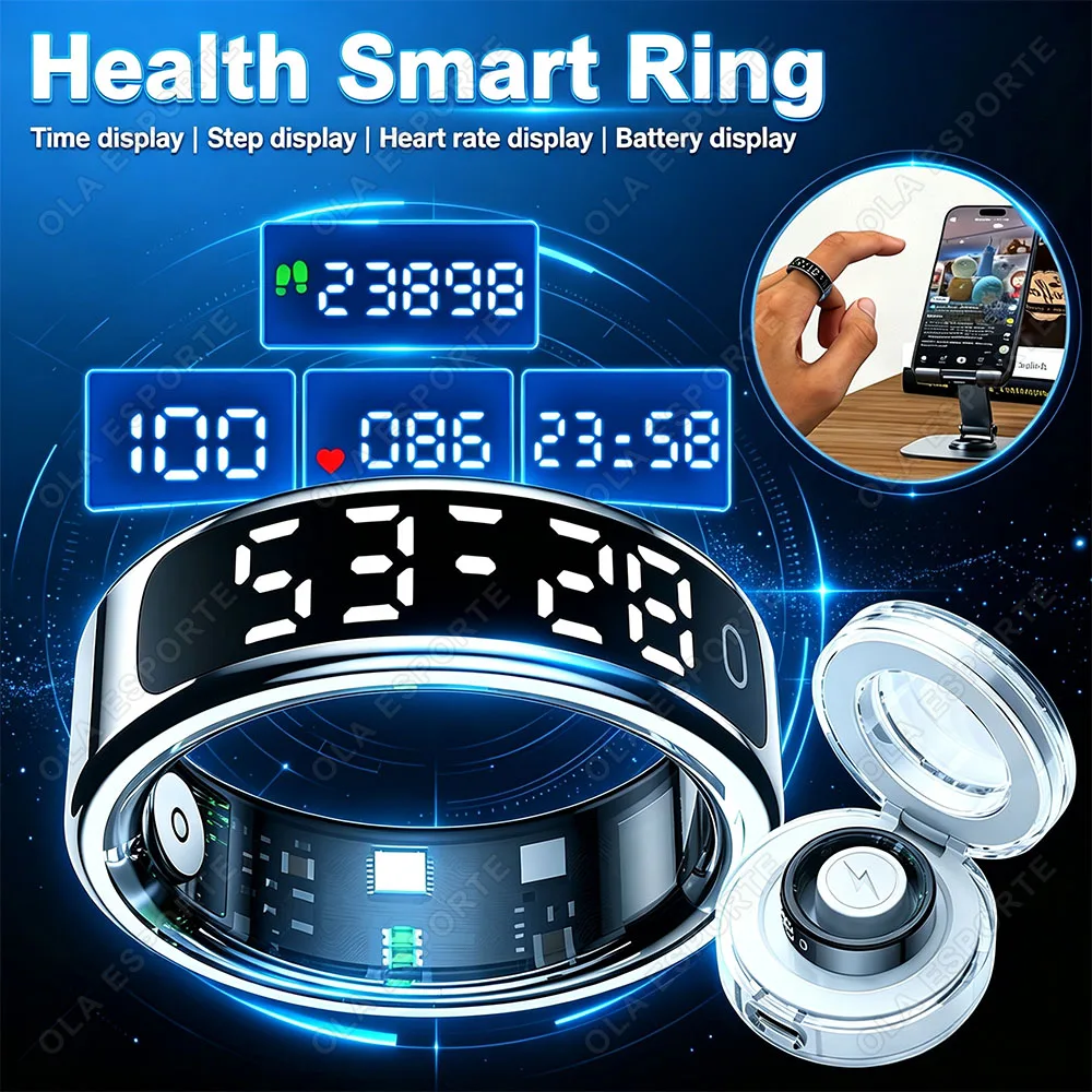 Smart Ring with Charging Case LED Display Time Step Counting Heart Rate Multi-function Smart Ring Health and Sleep Monitor R12
