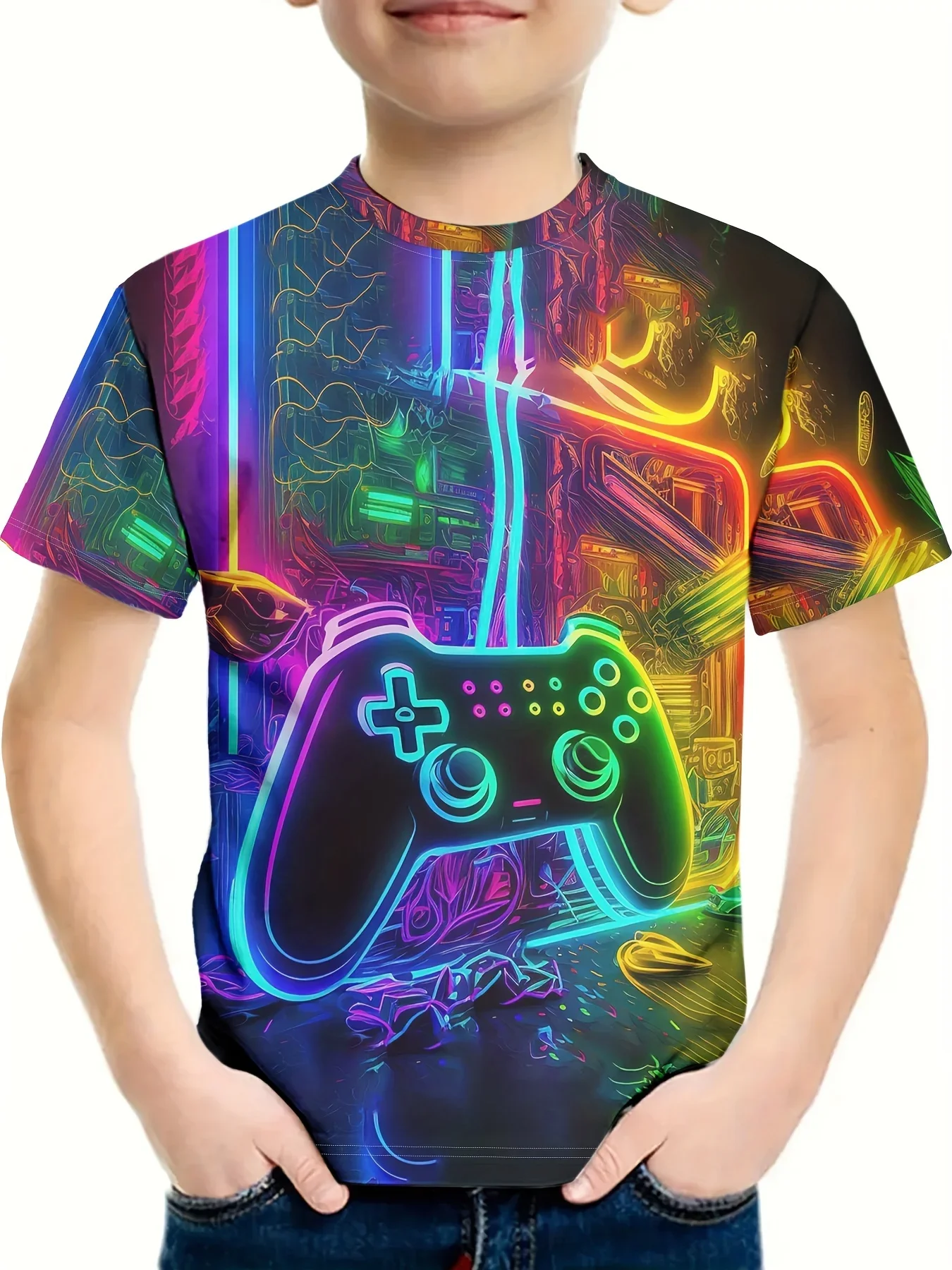 Kids Gamepad With Color Paint 3D Print Boy's T-shirt Crew Neck Short Sleeve T-shirt For Boy Casual Top For Summer Chico Camiseta