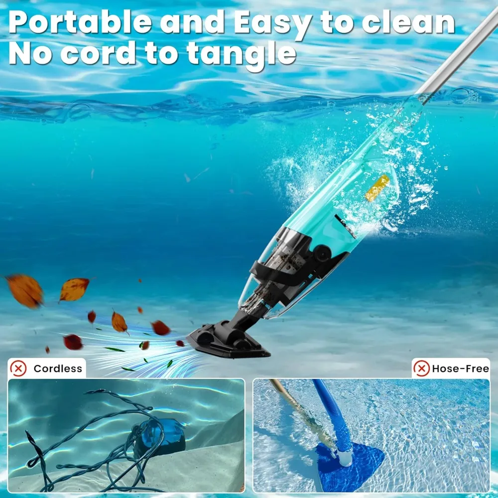 Pool Vacuum for Above Ground Pool, Cordless Handheld Rechargeable Pool Cleaner with Running Time Up to 60 Minutes for Sand and