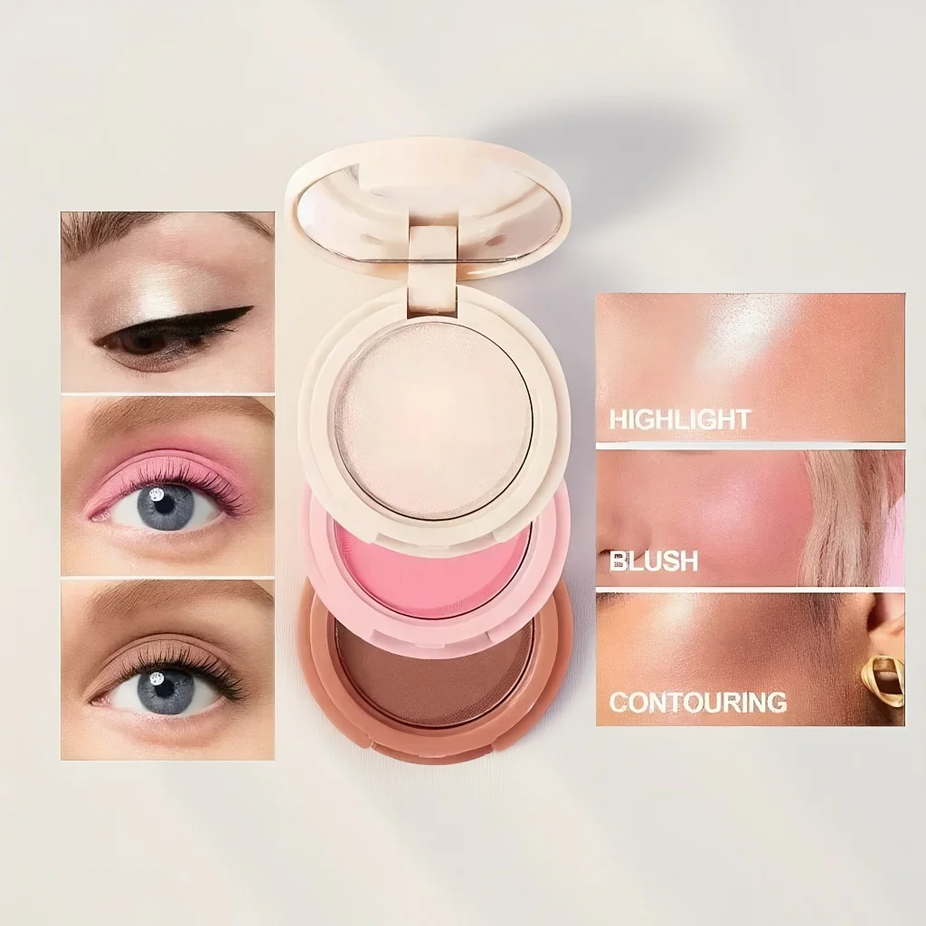 3-in-1 Contour Highlighter Blush Palette, All-in-One Makeup Kit with Fine Glitter for Face Highlighting & Bronzing