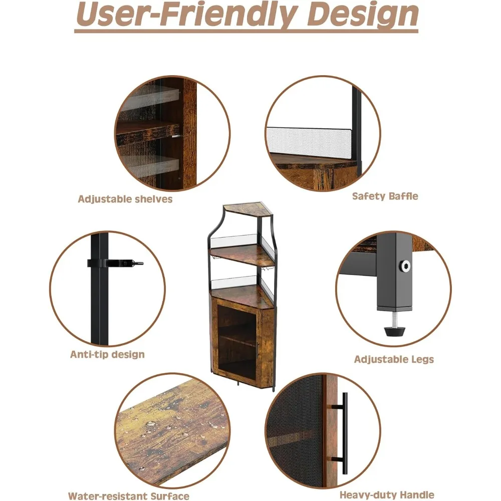 Eck-Barschrank mit LED-Licht, Weinbarschrank und Glashalter, 5-stufiger Stauraum, Eckschrank für Spirituosen, industrieller Wein