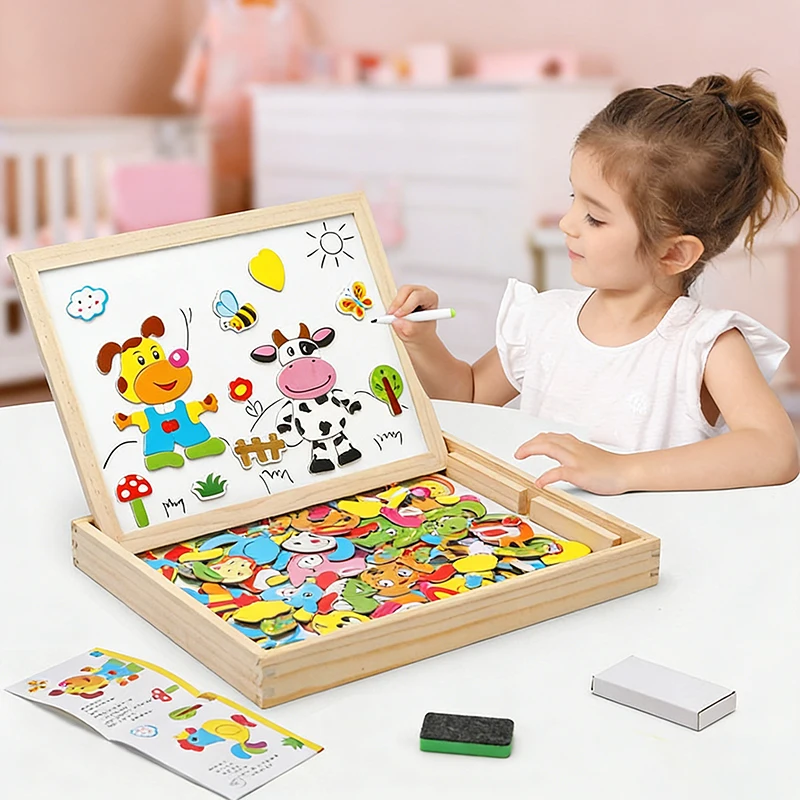 

Wooden Multifunction Children Animal Puzzle Writing Magnetic Drawing Board Blackboard Learning Education Toys For Kids
