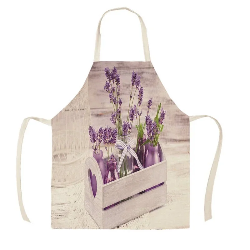 Christmas Gift Flower Lavender Pattern Linen Hand Wipe Sleeveless Waist Apron Adult Home Decoration Kitchen Baking Delantal