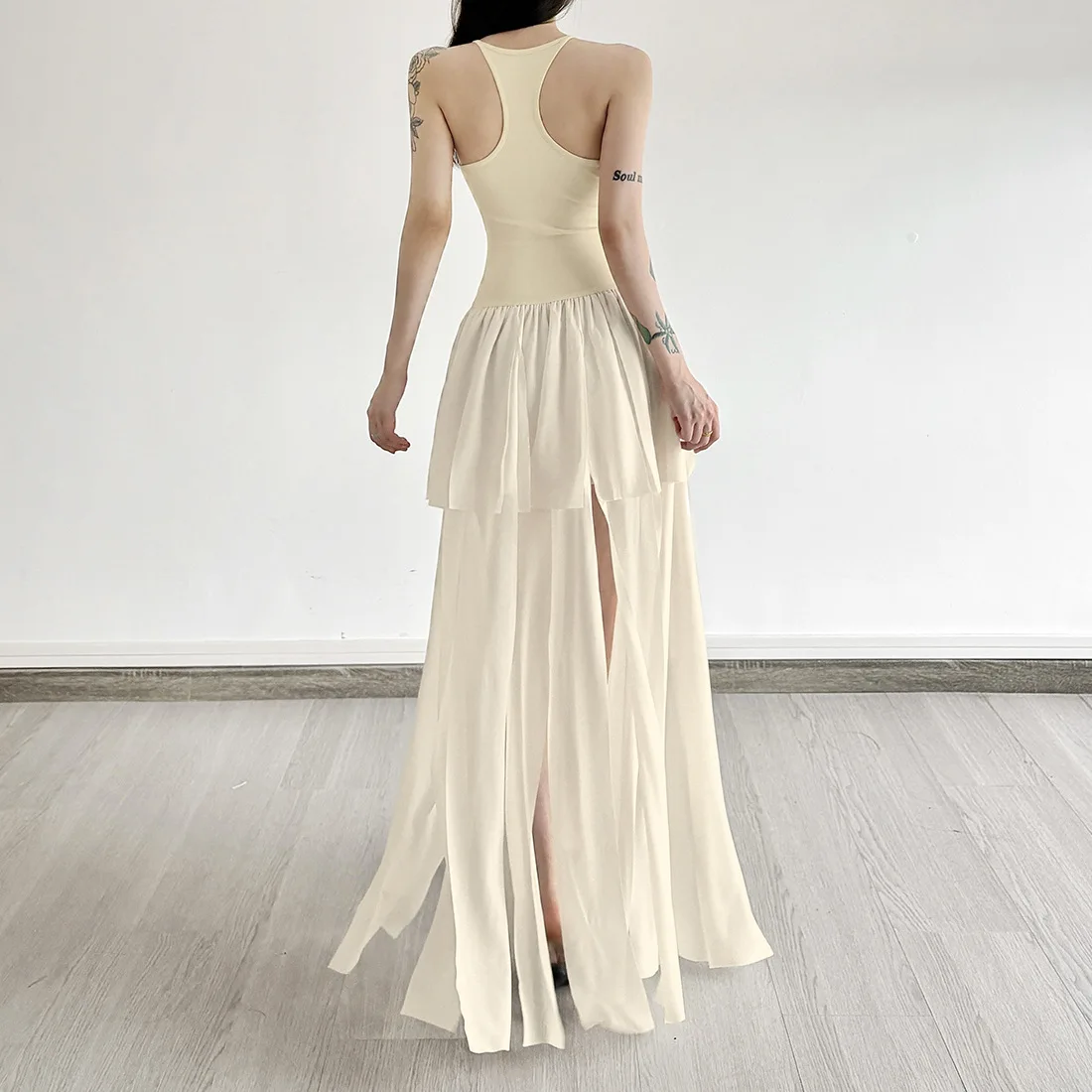 Verão novo cor sólida fino ajuste cintura irregular emagrecimento dupla camada vestido versátil para mulher