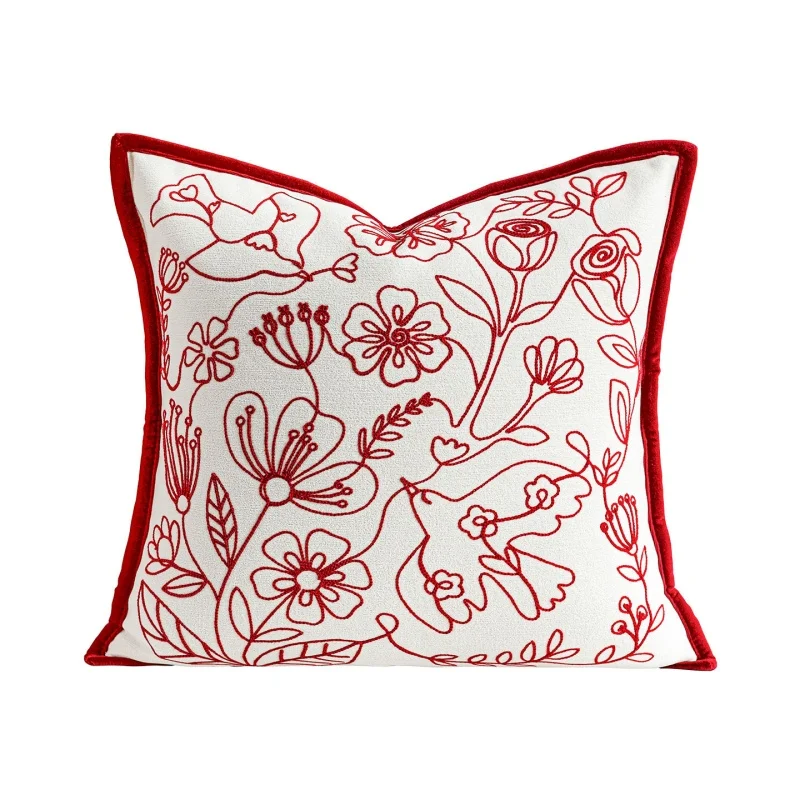 Red Flora Bird Embroidery Pillow Luxury French Style Cushion Case Romantic Decorative Pillow Cover For Sofa Chair Home Decorate